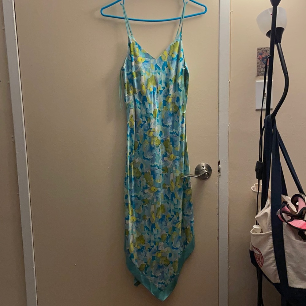 Blue/green/white, spaghetti strap floral dress.